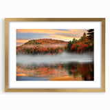 Extra large abstract art print depicting a textured Vermont scenery in muted earth tones, framed in gold.