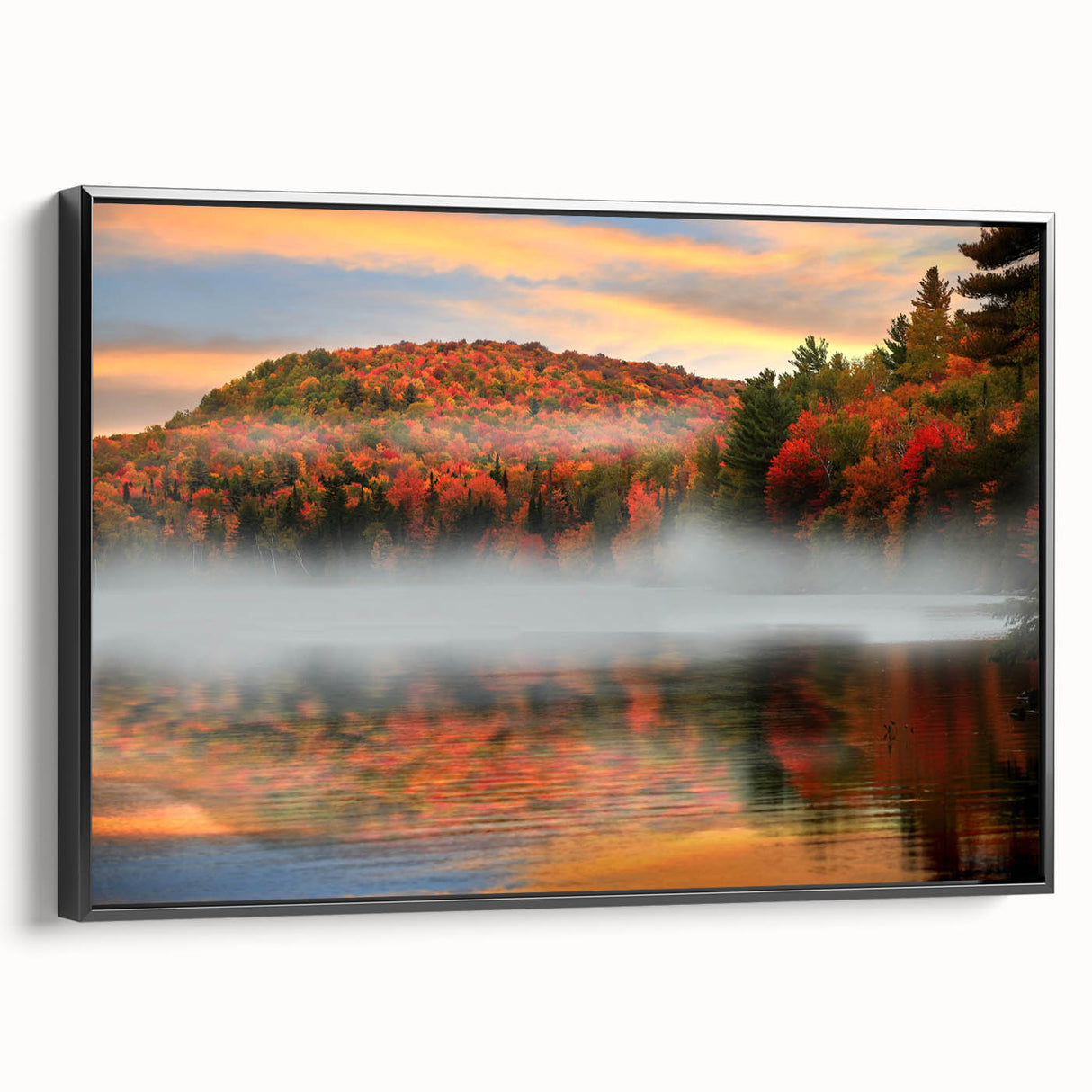 Black and white wall art featuring a serene Vermont landscape on a framed canvas, suitable for bedroom decor.