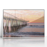 Art deco poster of Virginia scenery in muted green and blue tones, acrylic print framed in white.