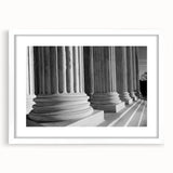 Abstract art print of Washington D.C. Capitol in muted gray tones, framed with a white mat, ideal for dining room decor.