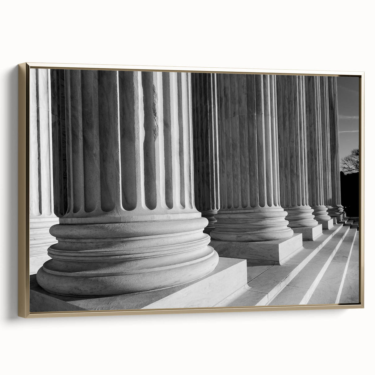 Framed canvas of Washington DC Capitol with vintage poster style in black and gold tones, ideal for bedroom wall art.