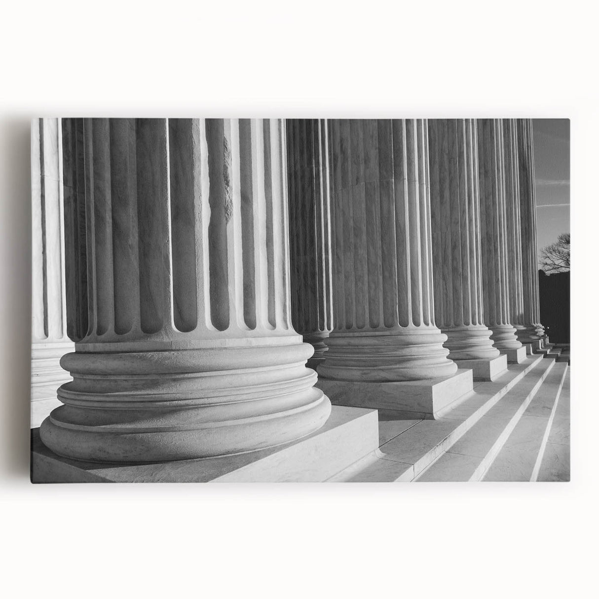 Black and white image of the Washington DC Capitol on stretched canvas, suitable as large kitchen wall art or for a bedroom.