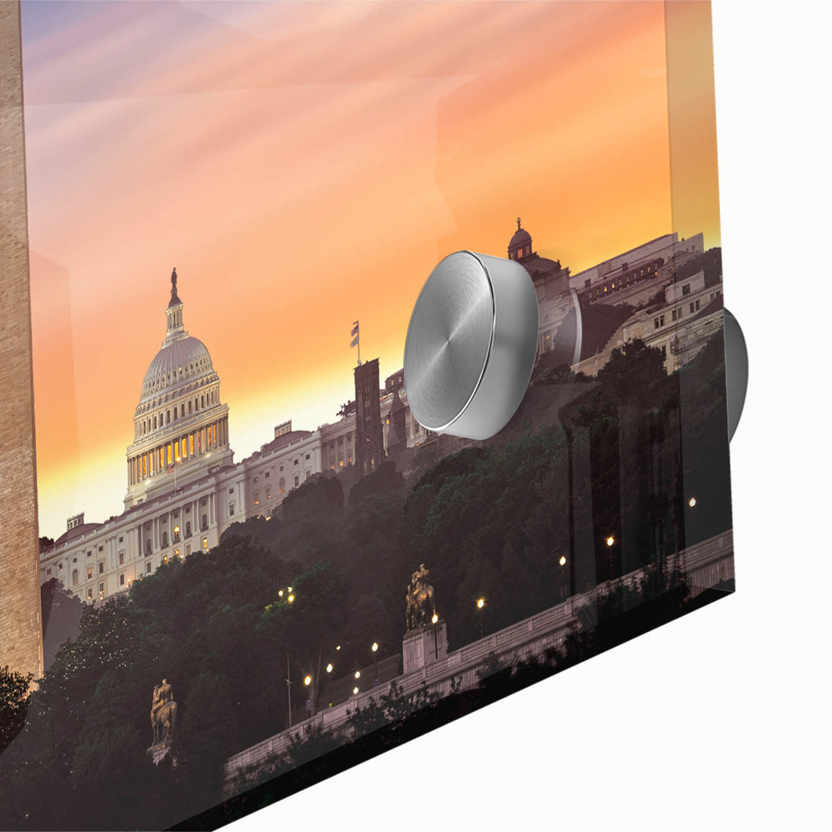 Acrylic print of a large abstract depiction of the Lincoln Memorial in muted gray and blue tones.
