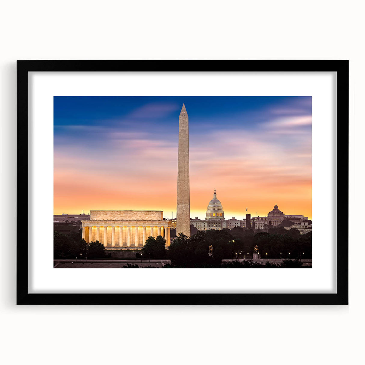 Abstract art print of Washington DC's Lincoln Memorial in vibrant colors on a textured canvas, framed in black.