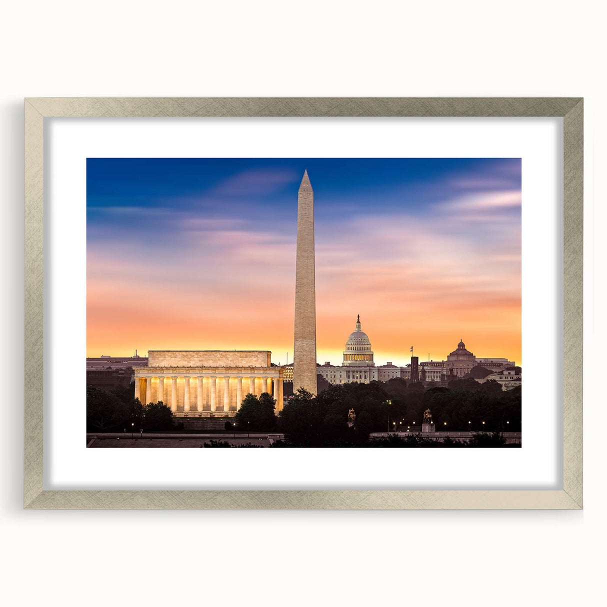 Textured art print of the Washington DC Lincoln Memorial in muted gray and blue tones on a framed silver mat.