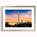 Textured art print of the Washington DC Lincoln Memorial in muted gray and blue tones on a framed silver mat.