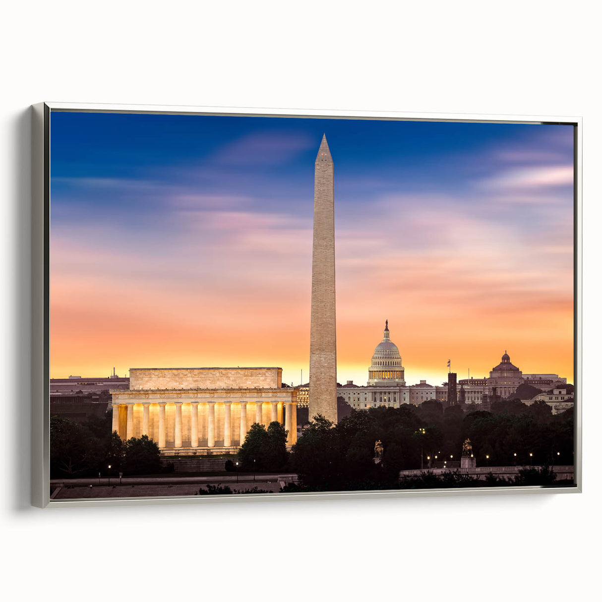Framed canvas of a vintage-style Washington DC landscape art painting with muted colors, ideal for office decor.