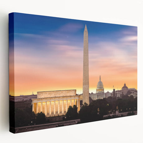 Side view of a large stretched canvas depicting the Lincoln Memorial in muted earth tones, suitable for kitchen wall art.