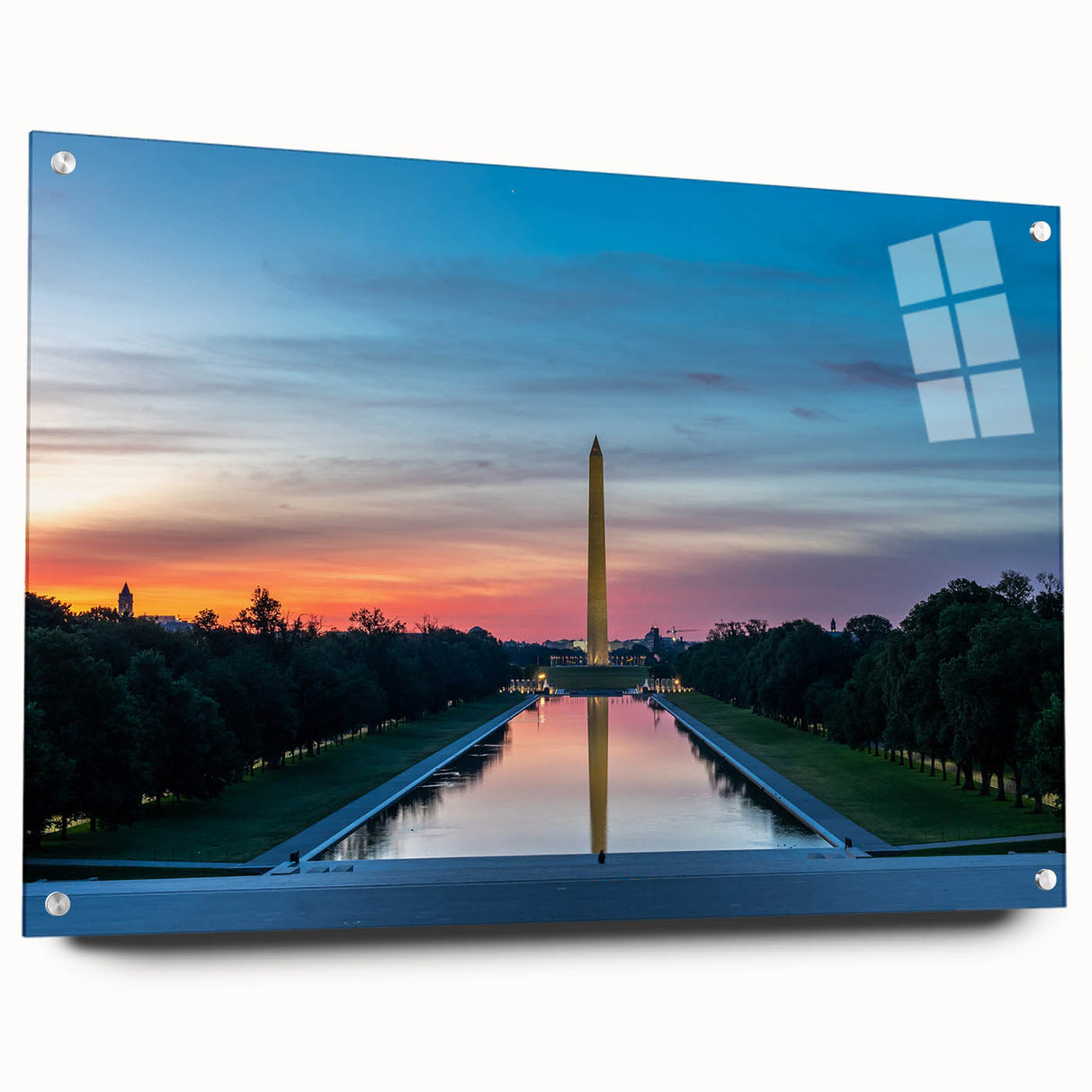 Acrylic glass print of Washington DC monument in muted gray tones, suitable for bedroom or dining room decor.
