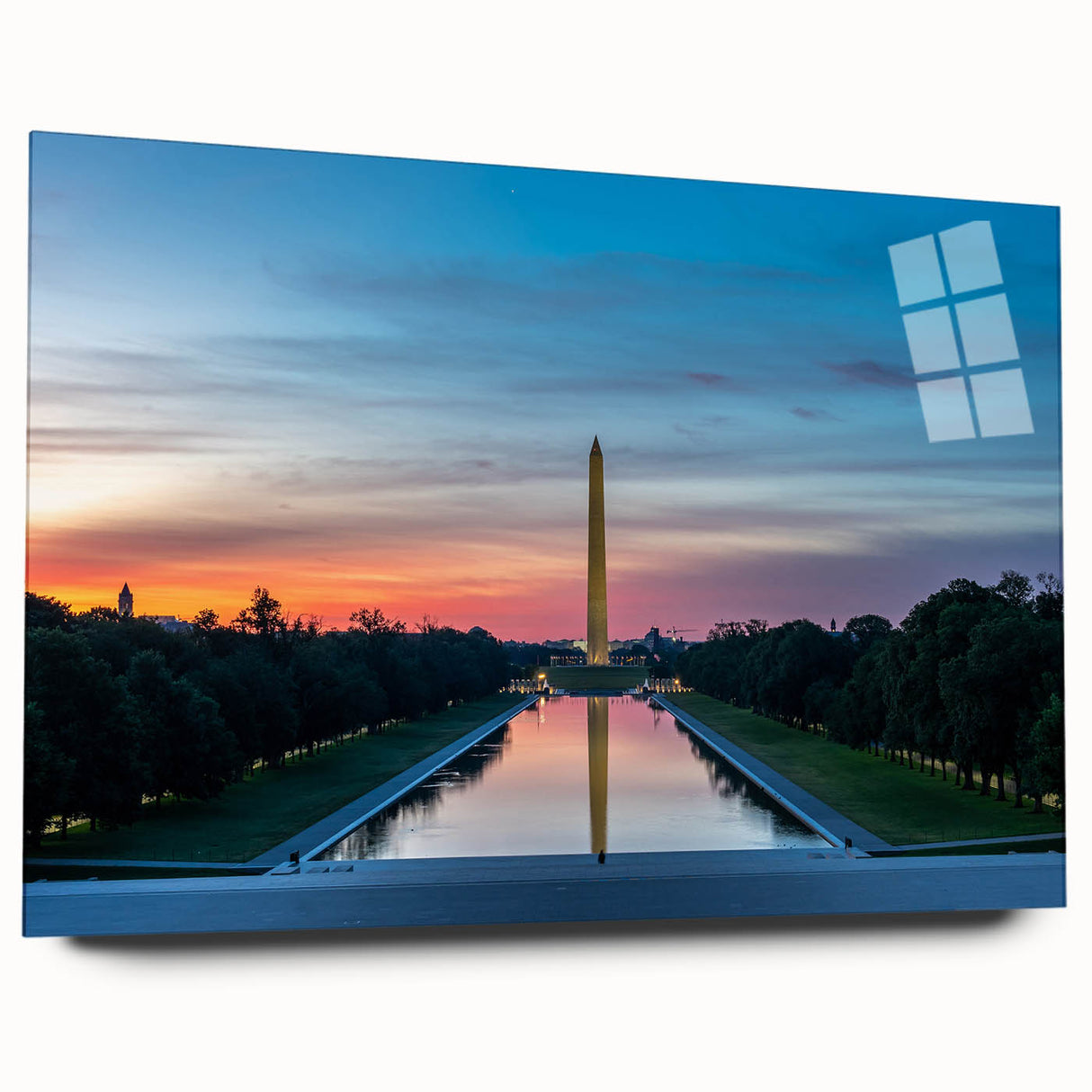 Acrylic print of Washington DC monument in muted gray tones, suitable for bedroom or dining room decor.