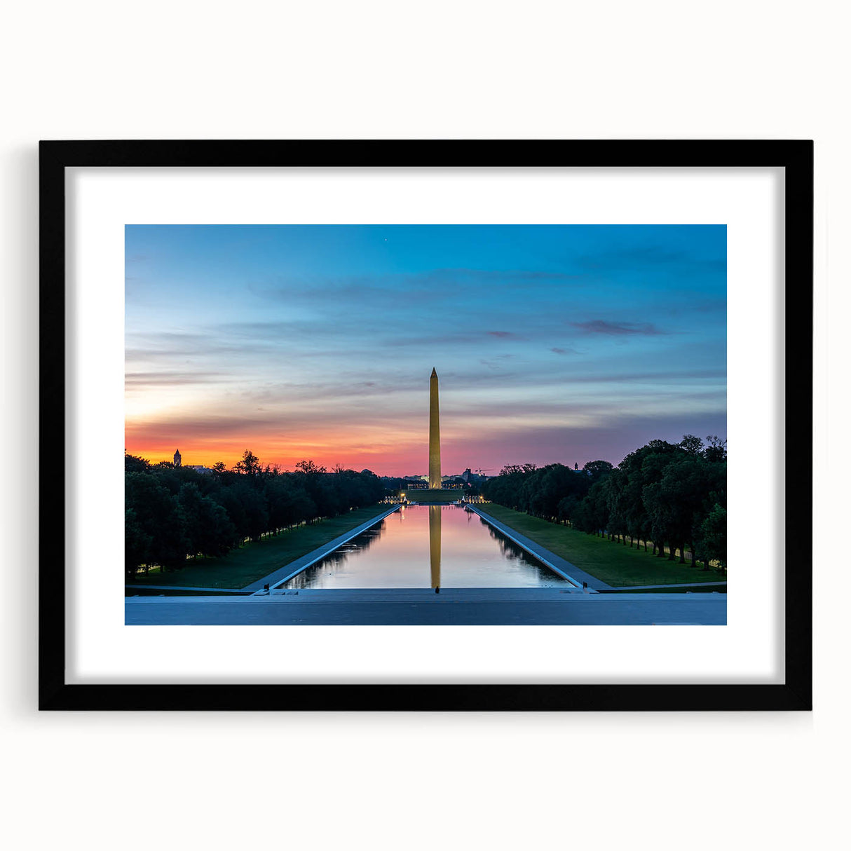 Abstract art print of Washington DC monuments in vibrant, colorful hues on a large, textured canvas.
