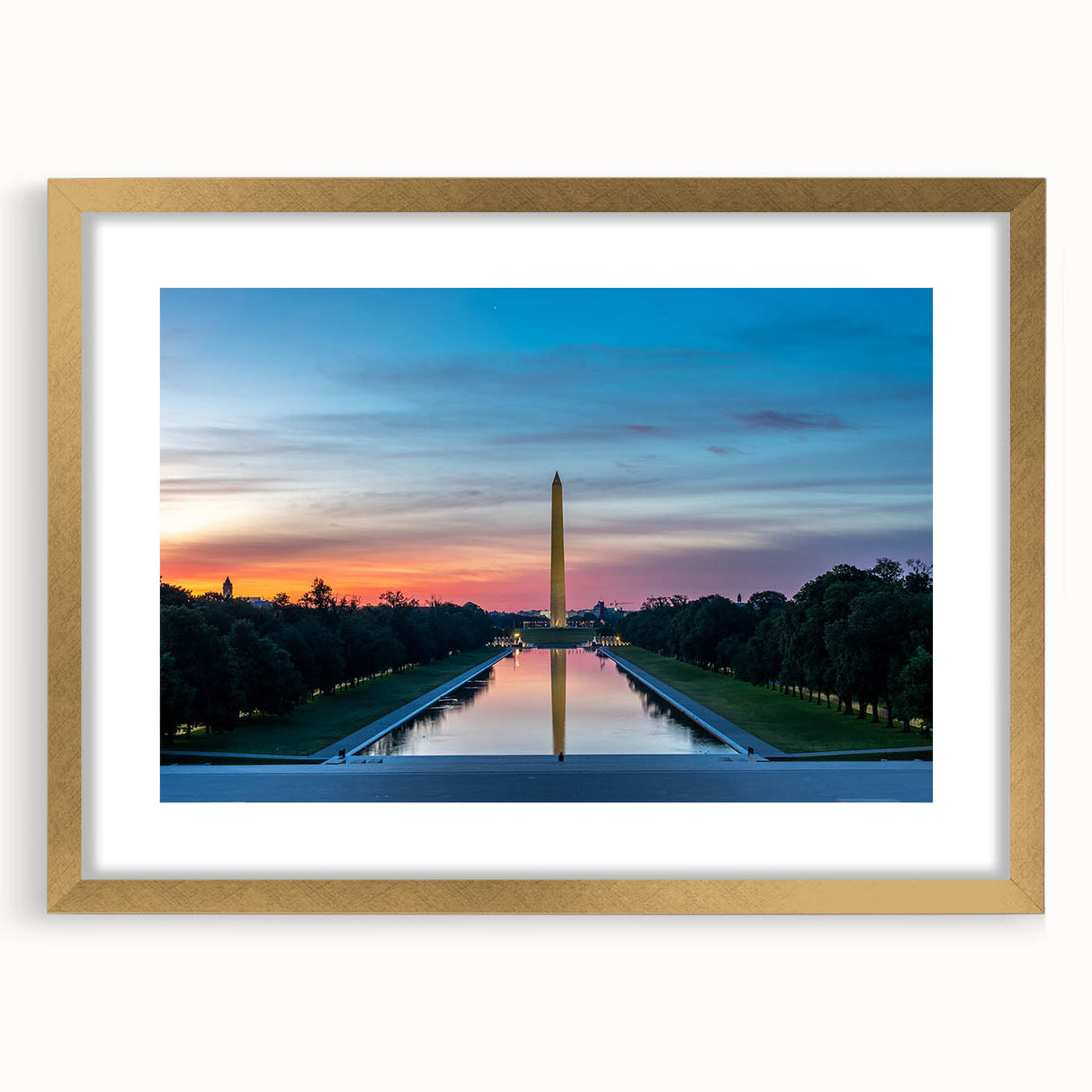 Extra large framed abstract art print of Washington DC monuments in muted gold and gray tones, ideal for living room decor.