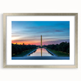 Textured art print of Washington DC monument in muted gray tones on framed silver mat, suitable for bedroom art.
