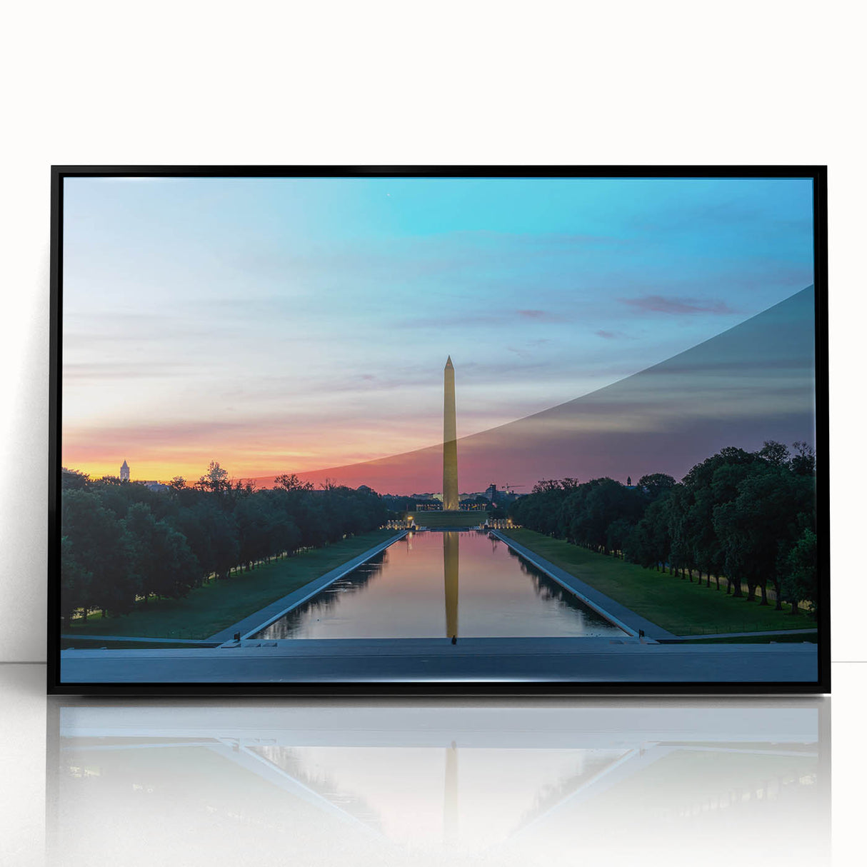 Large abstract wall art of Washington DC monuments in black and white tones on framed acrylic.