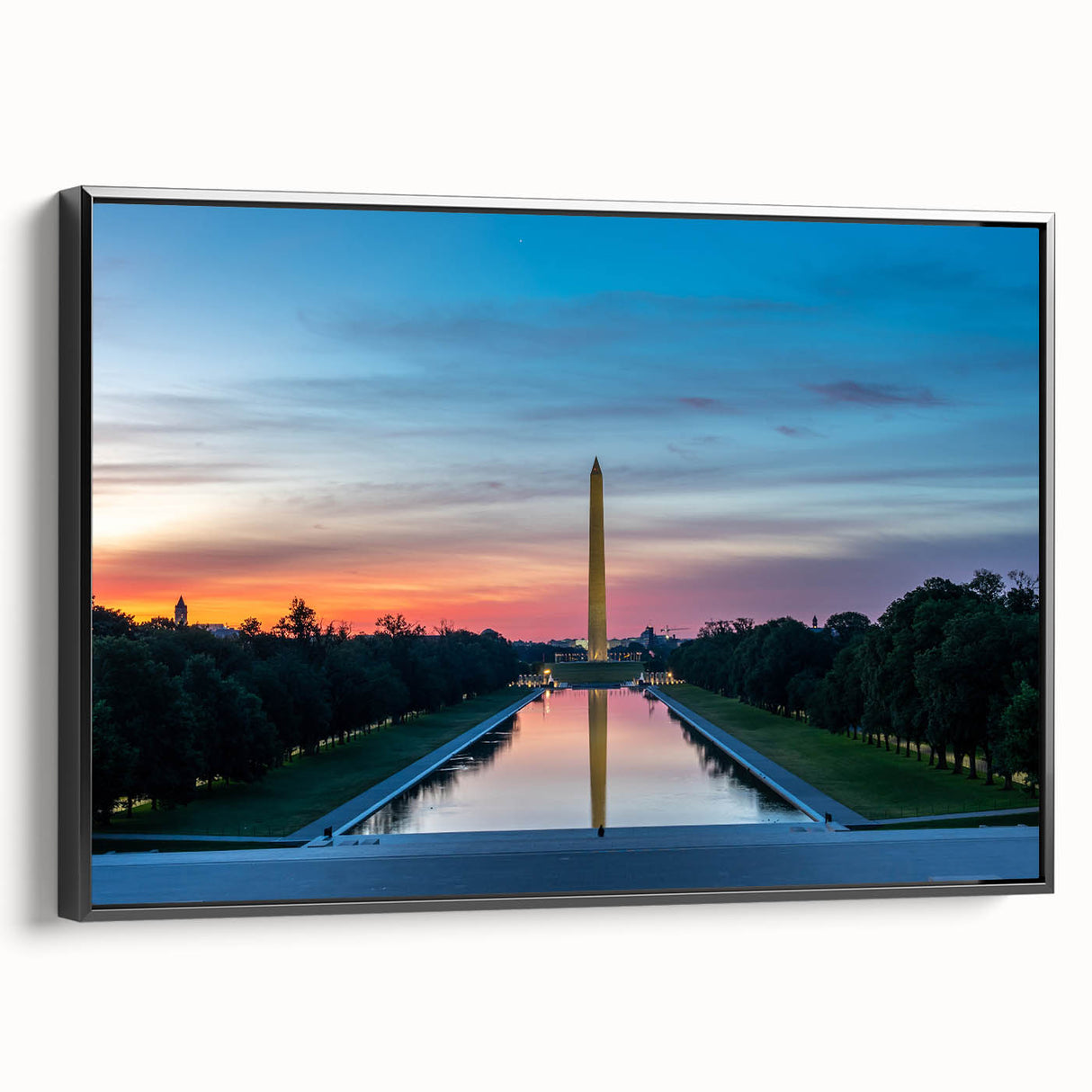 Black and white framed canvas of Washington DC monument landscape, ideal for bedroom wall decor.