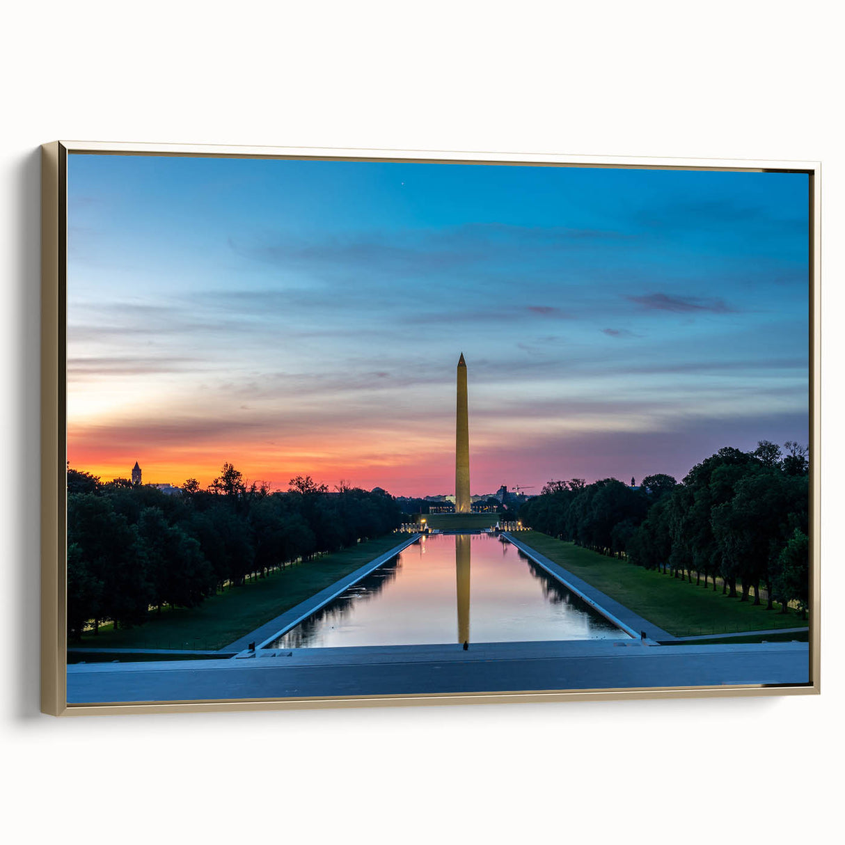 Framed canvas featuring a vintage poster art of the Washington DC monument in black and gold tones.