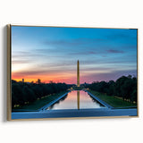 Framed canvas featuring a vintage poster art of the Washington DC monument in black and gold tones.