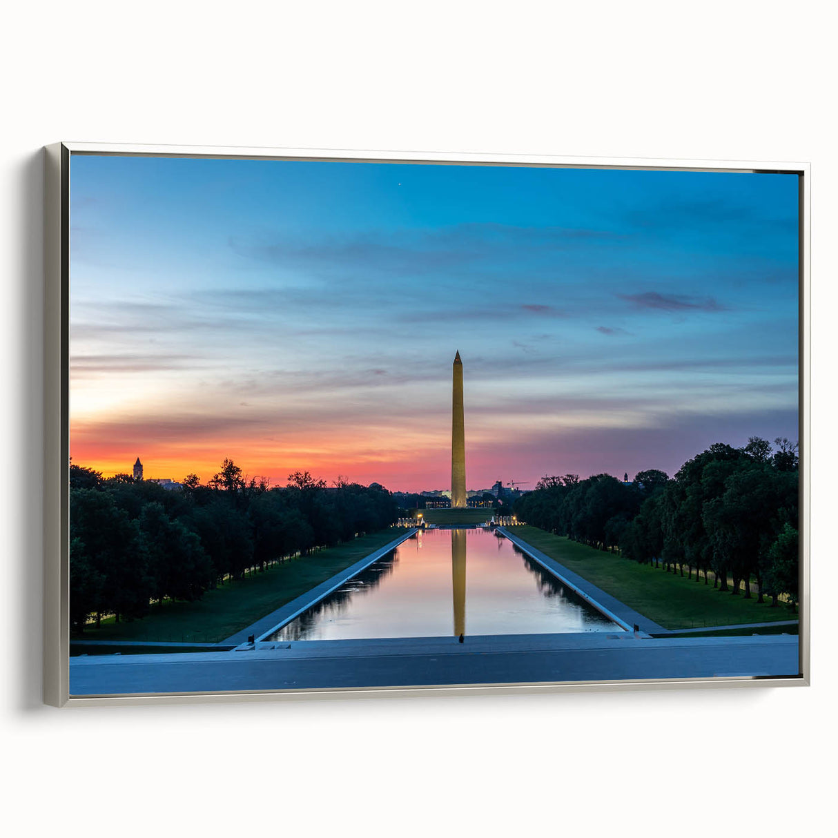 Landscape art painting of Washington D.C. monuments in muted colors on a framed canvas, suitable for office decor.