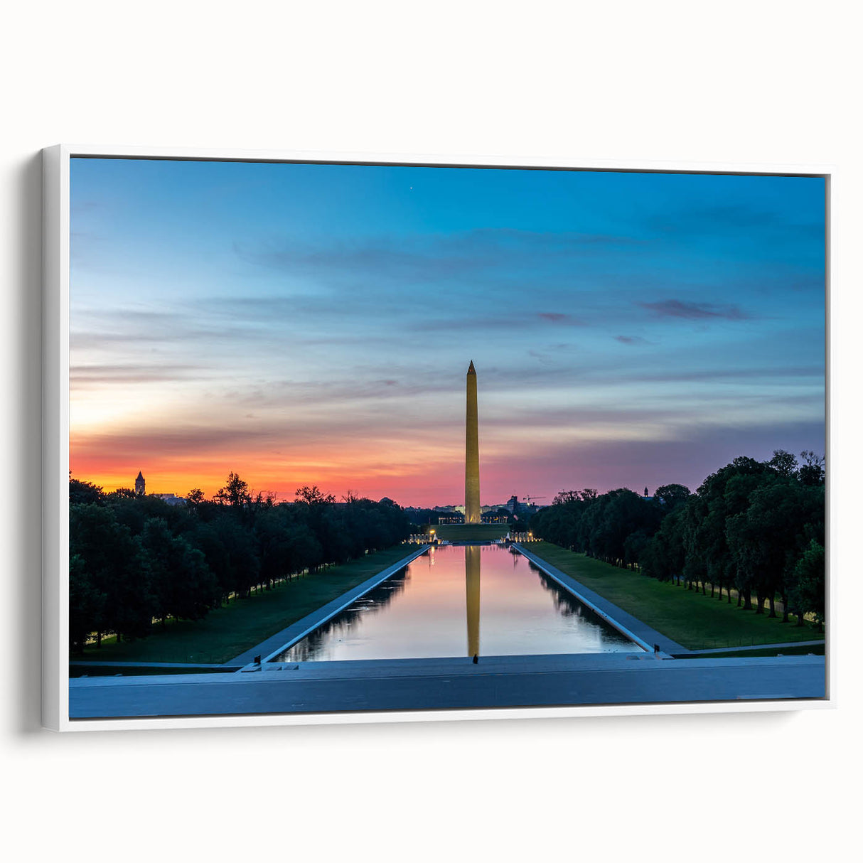 Vintage poster art of Washington DC monument in colorful hues on a large framed canvas, ideal for living room decor.
