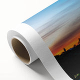 Art deco poster of Washington DC monuments in muted colors on rolled canvas.