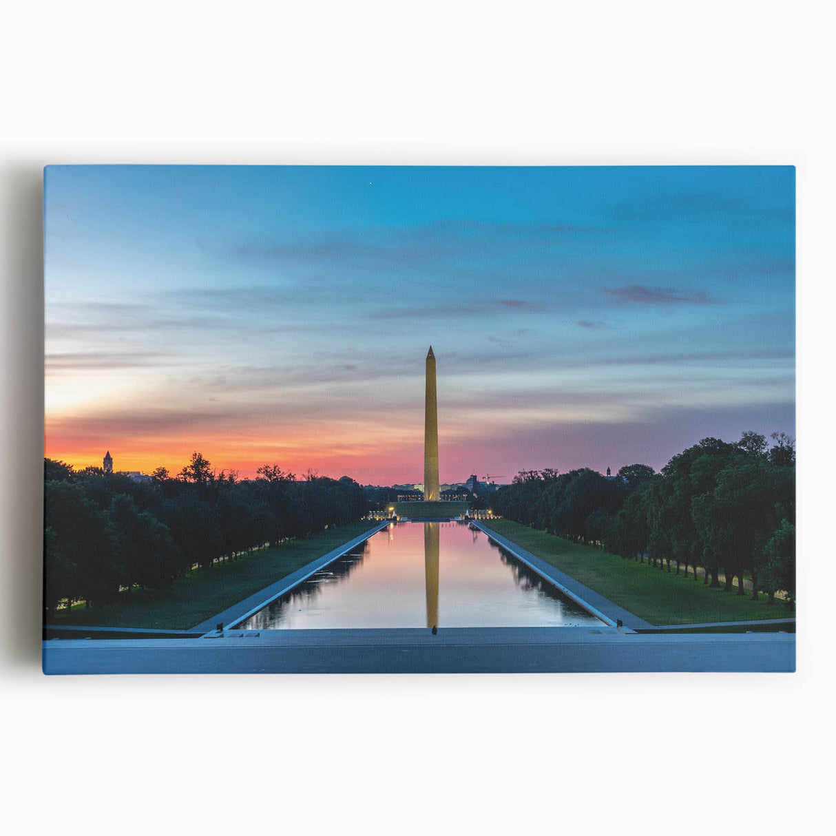 Black and white print of the Washington DC monument on stretched canvas, suitable as large kitchen wall art.