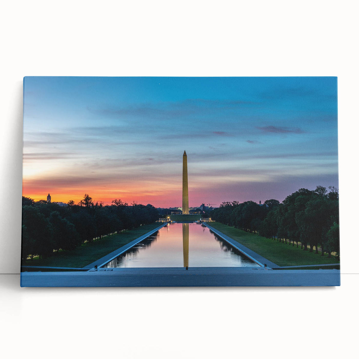 Black and white stretched canvas of Washington DC monument, suitable as large kitchen wall art or bedroom decor.
