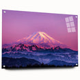 Acrylic print of Mount Rainier with vibrant twilight hues, ideal for bedroom or dining room decor.