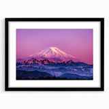 Extra large abstract art print of Mount Rainier in vibrant colors on a black framed canvas, ideal for living room decor.