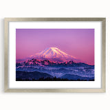 Textured art print of Mount Rainier with abstract elements, in a silver frame, suited for bedroom decor.