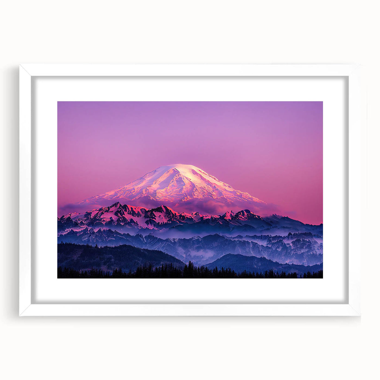 Abstract art print of Mount Rainier in muted green and blue tones, framed with a white mat.