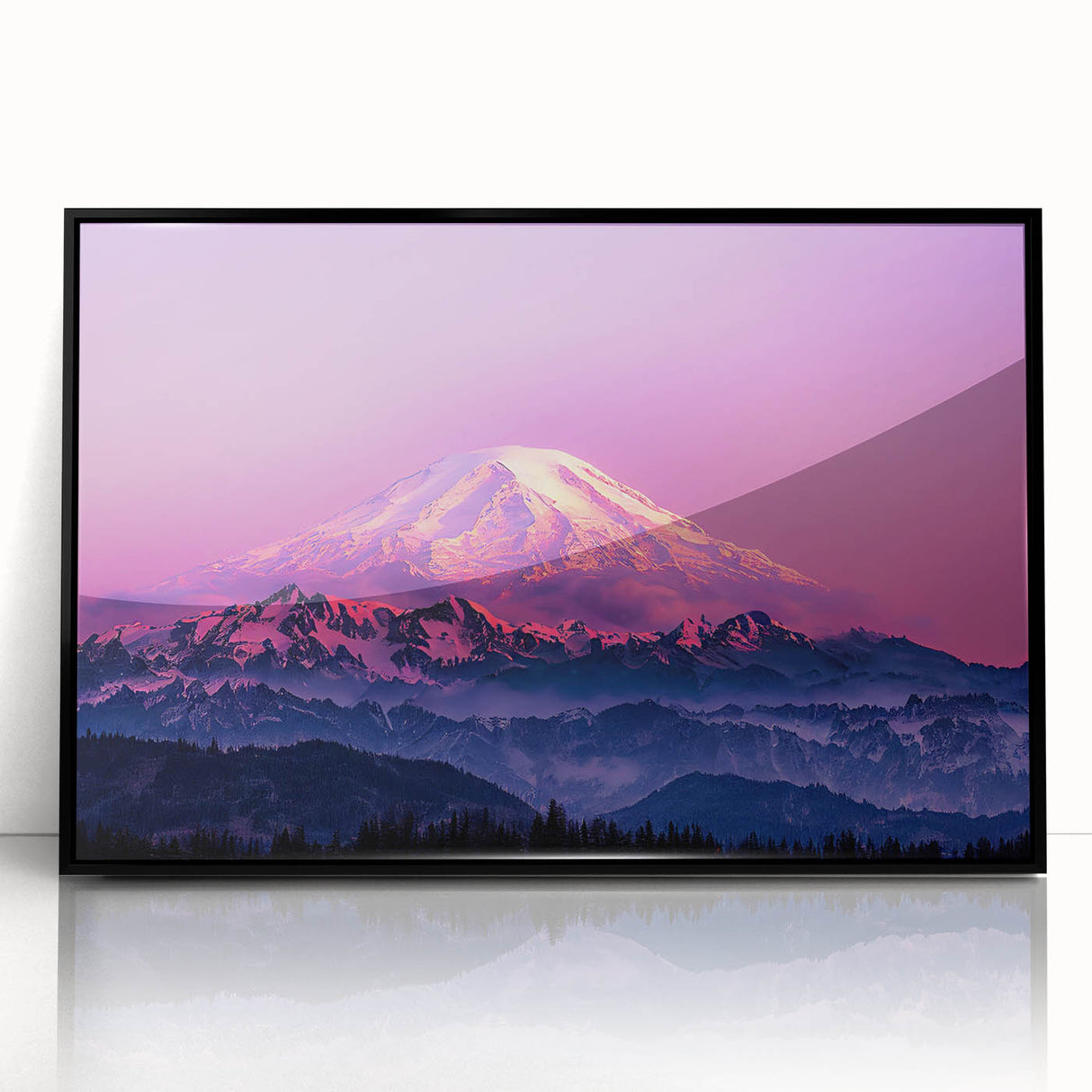 Large abstract wall art of Mount Rainier in muted earth tones, framed in black acrylic, suitable for modern art wall decor.