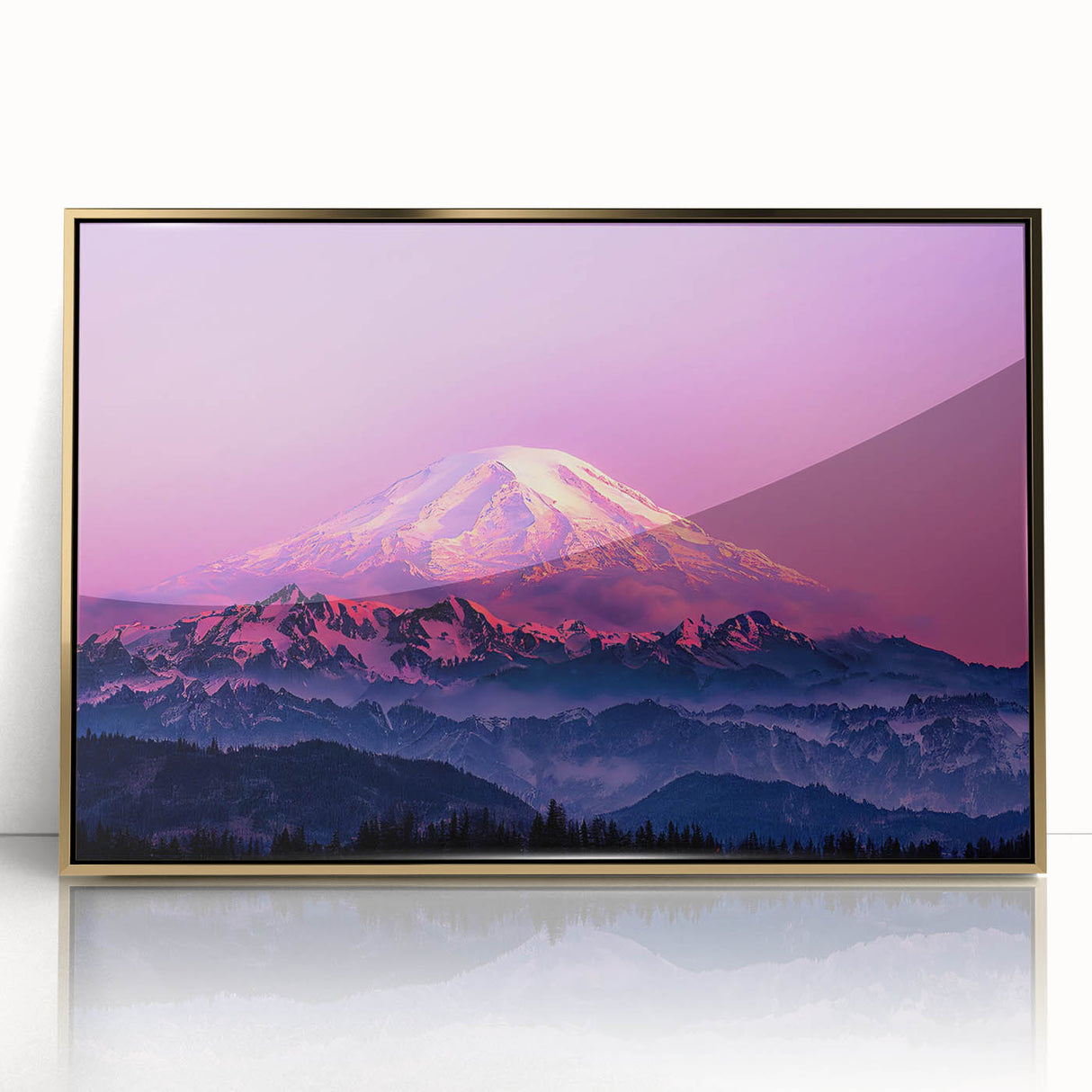 Mid-century modernist art of Mount Rainier in muted earth tones on a framed acrylic, suitable for modern art wall decor.