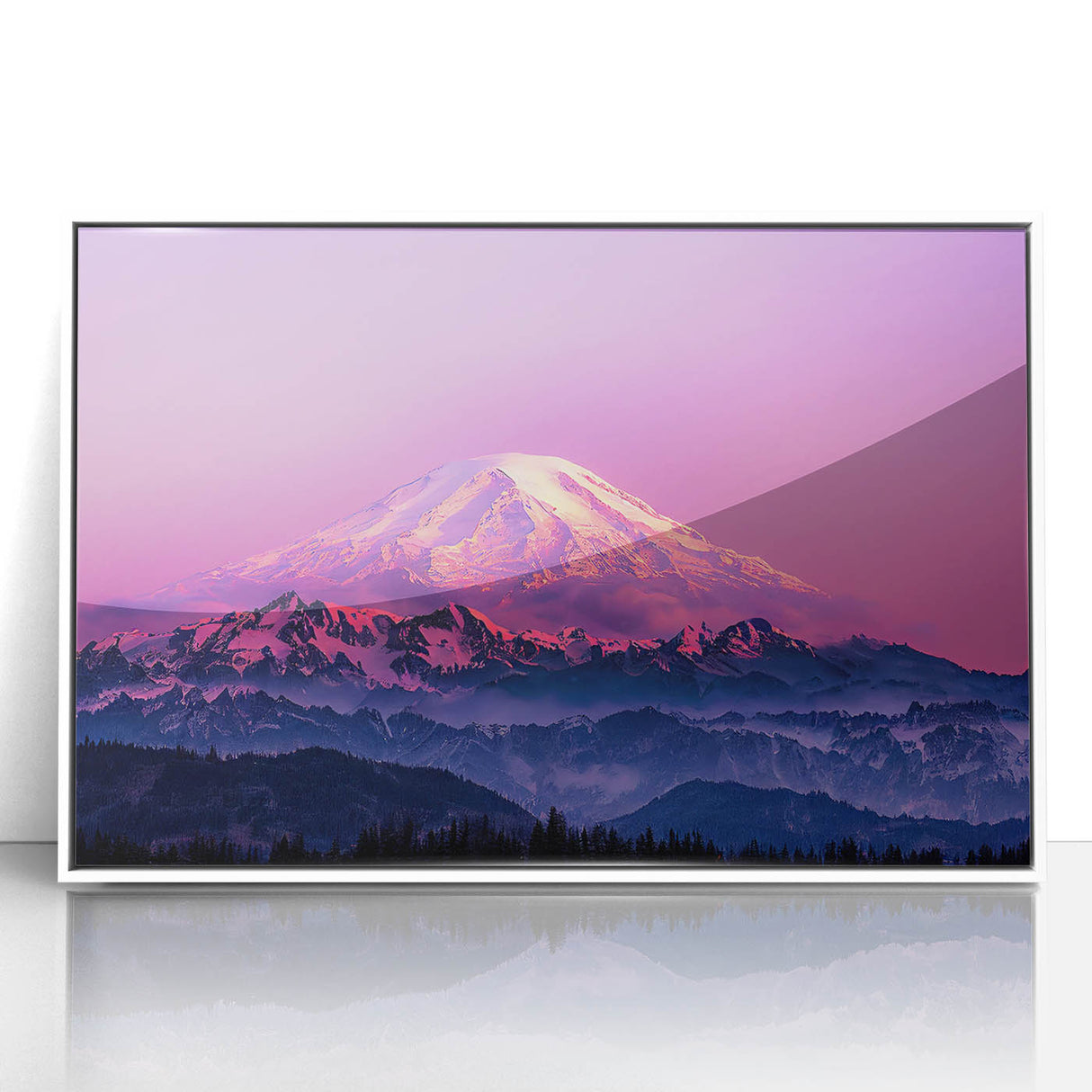 Framed acrylic print of Mount Rainier with muted green and blue tones, ideal for modern art wall decor in a nursery.
