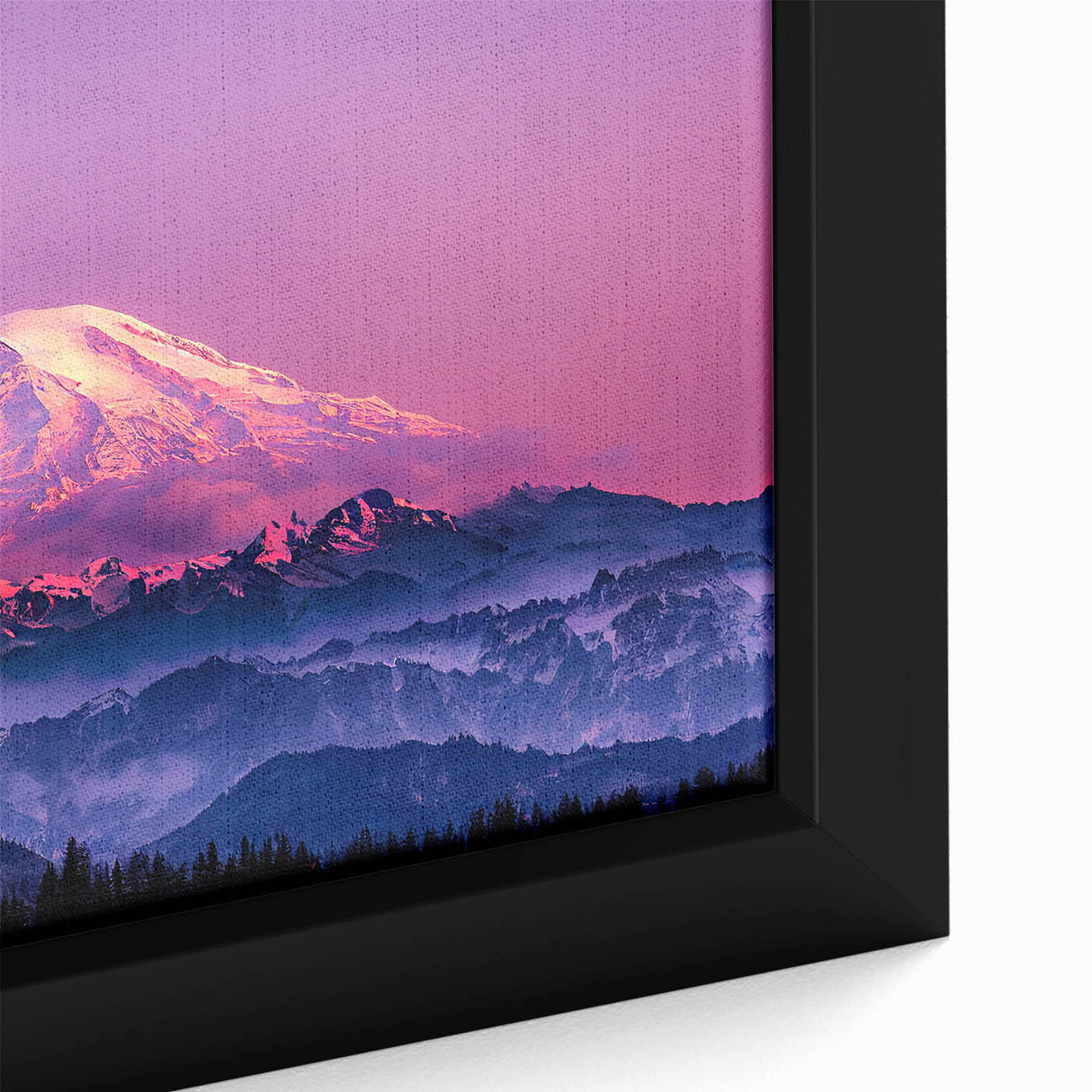 Black wall art featuring a textured depiction of Mount Rainier with colorful accents, framed canvas.