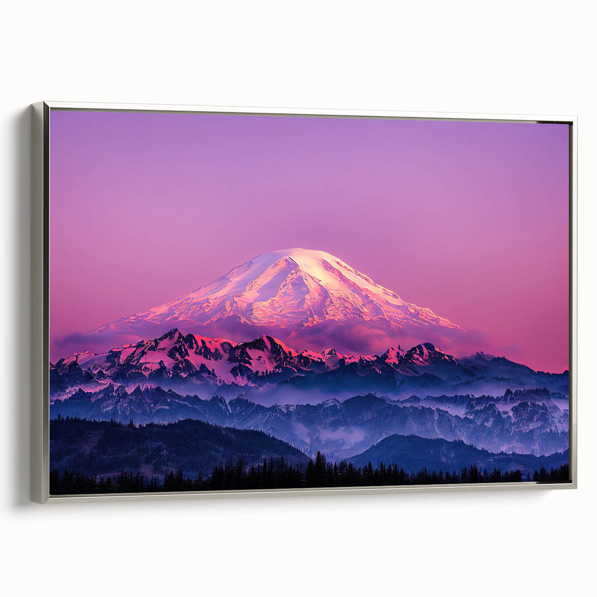 Framed canvas landscape art painting of Mount Rainier, featuring a vintage poster style with a colorful palette.