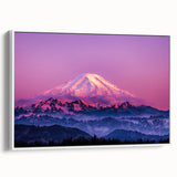 Vintage poster art of Mount Rainier with colorful palette on extra large framed canvas, ideal for living room decor.