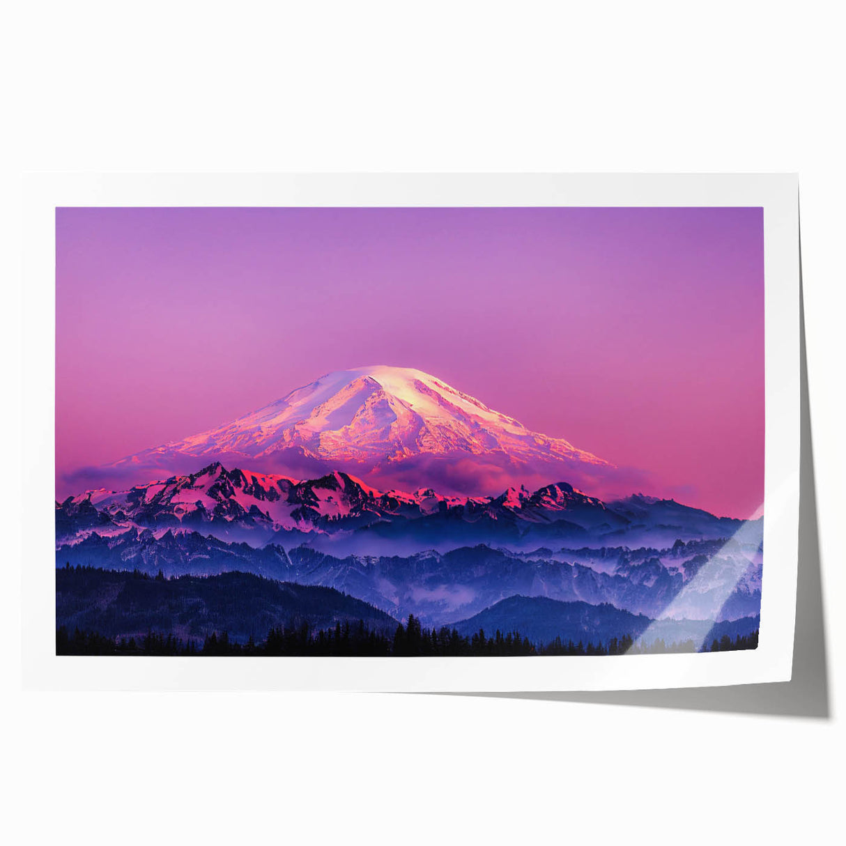 Rolled print of Mount Rainier with vibrant green and blue hues, ideal for art wall dining room.