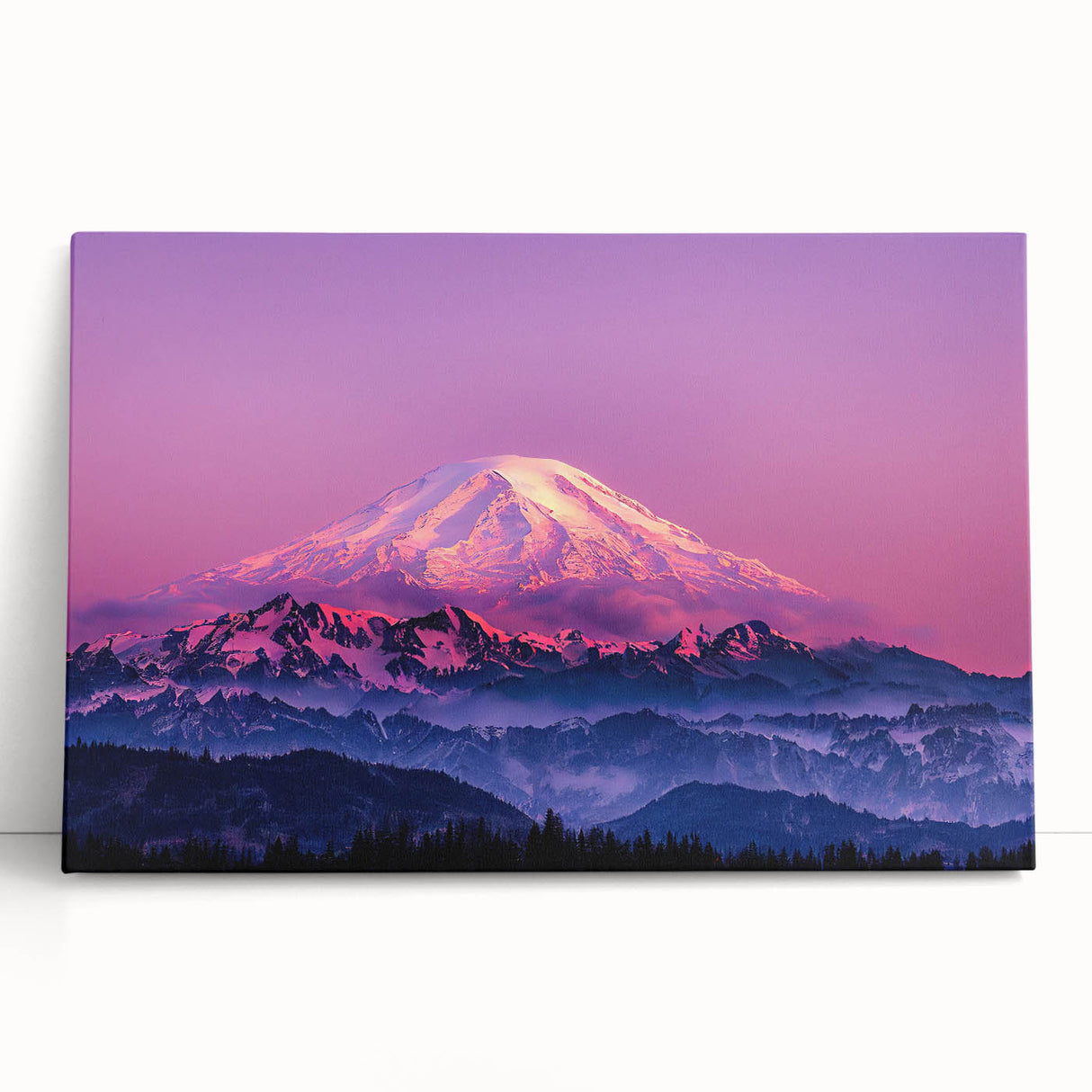 Black and white stretched canvas of Mount Rainier in a large format, ideal for kitchen wall art or bedroom decor.