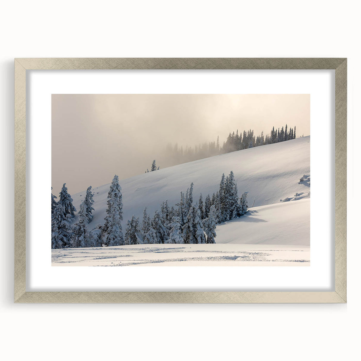 Textured abstract art print depicting the Olympic landscape in muted earth tones, framed in silver, ideal for bedroom art.