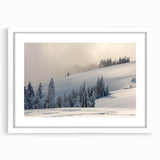 Abstract art print of Olympic scenery in muted earth tones on a white framed mat, suitable for dining room decor.