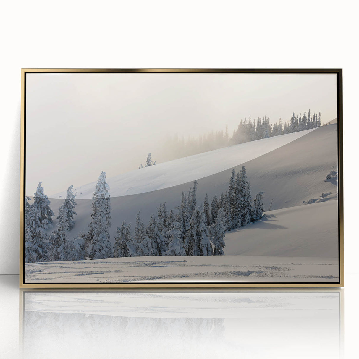 Mid-century modernist framed acrylic print of Olympic National Park in gold and green tones.