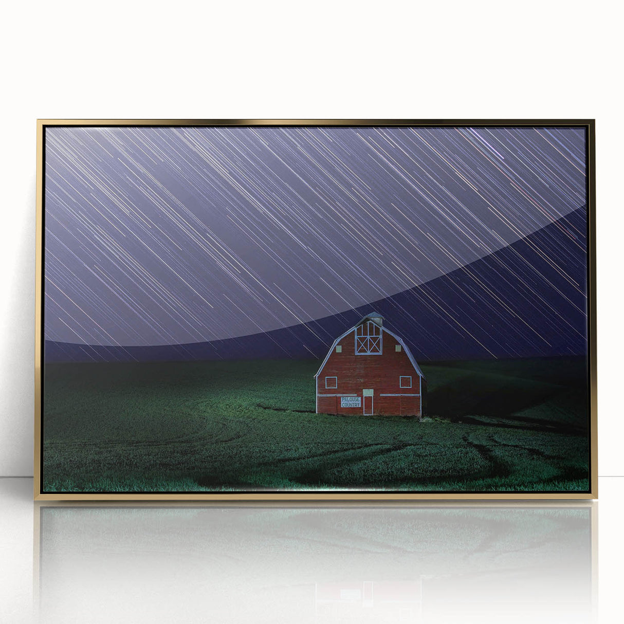 Large art print of the Palouse in Washington, USA, on a framed acrylic with gold accents, in a mid-century modernist style.