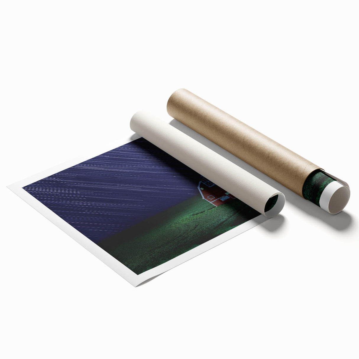Rolled print of Palouse, Washington scenery with vibrant green fields and soft blue sky, ideal for classy bathroom wall art.