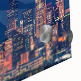 Large abstract wall art depicting Seattle skyline in muted green and blue tones on acrylic glass.