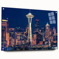 Acrylic print of Seattle skyline in muted gray and blue tones, suitable for bedroom or dining room wall art.