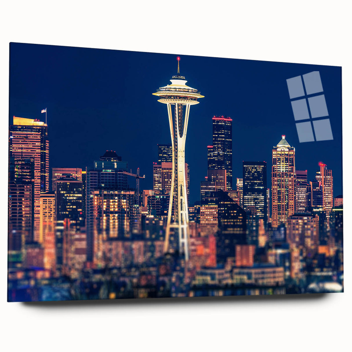 Acrylic print of a large abstract depiction of Seattle's skyline in muted gray and blue tones.