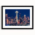 Abstract art print of Seattle skyline in vibrant colors on a large textured canvas, ideal for living room decor.