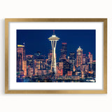 Extra large framed wall art of an abstract Seattle skyline in textured gold and black tones, ideal for living room decor.