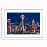 Abstract art print of Seattle skyline in muted gray and blue tones on a framed white mat, ideal for dining room decor.
