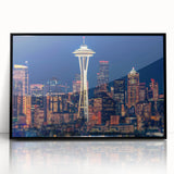 Large abstract wall art of Seattle skyline in muted earth tones on framed acrylic, suited for modern living room decor.